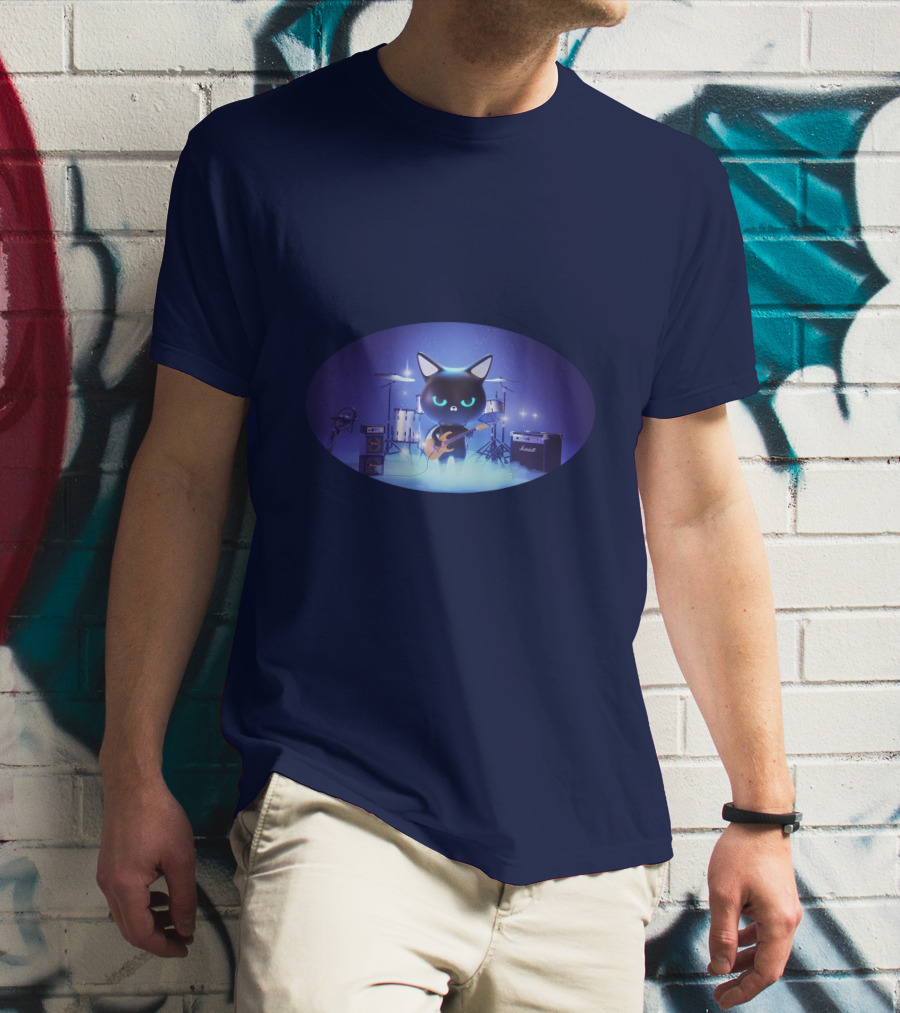 Cat Playing Guitar On Stage With Drums And Amps T-Shirt