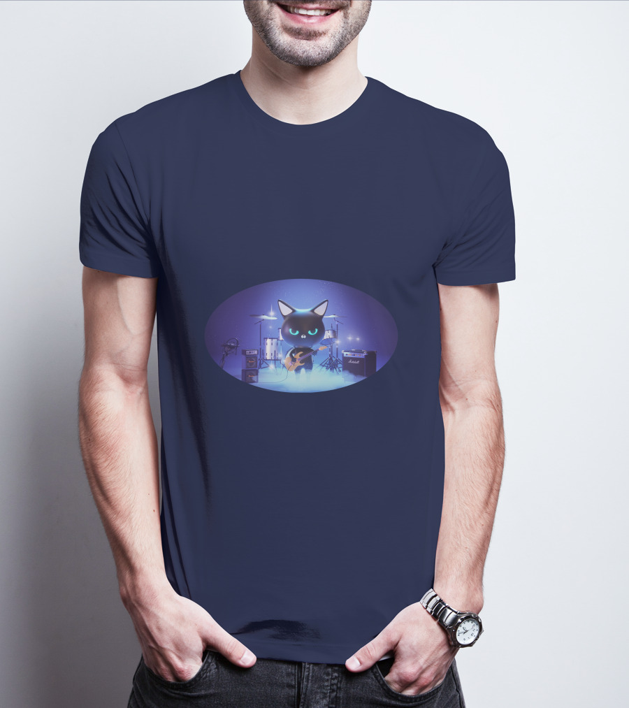 Cat Playing Guitar On Stage With Drums And Amps T-Shirt