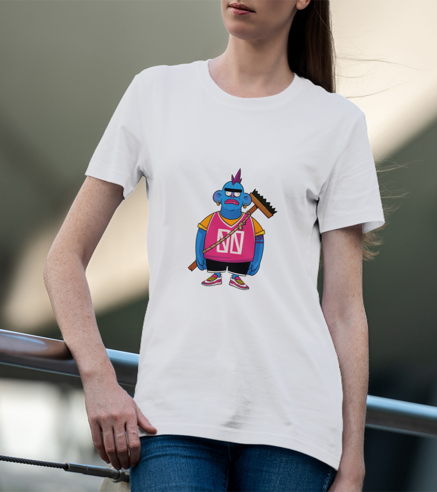 DA CREW Blue Cartoon Character With Broom And Purple Mohawk T-Shirt