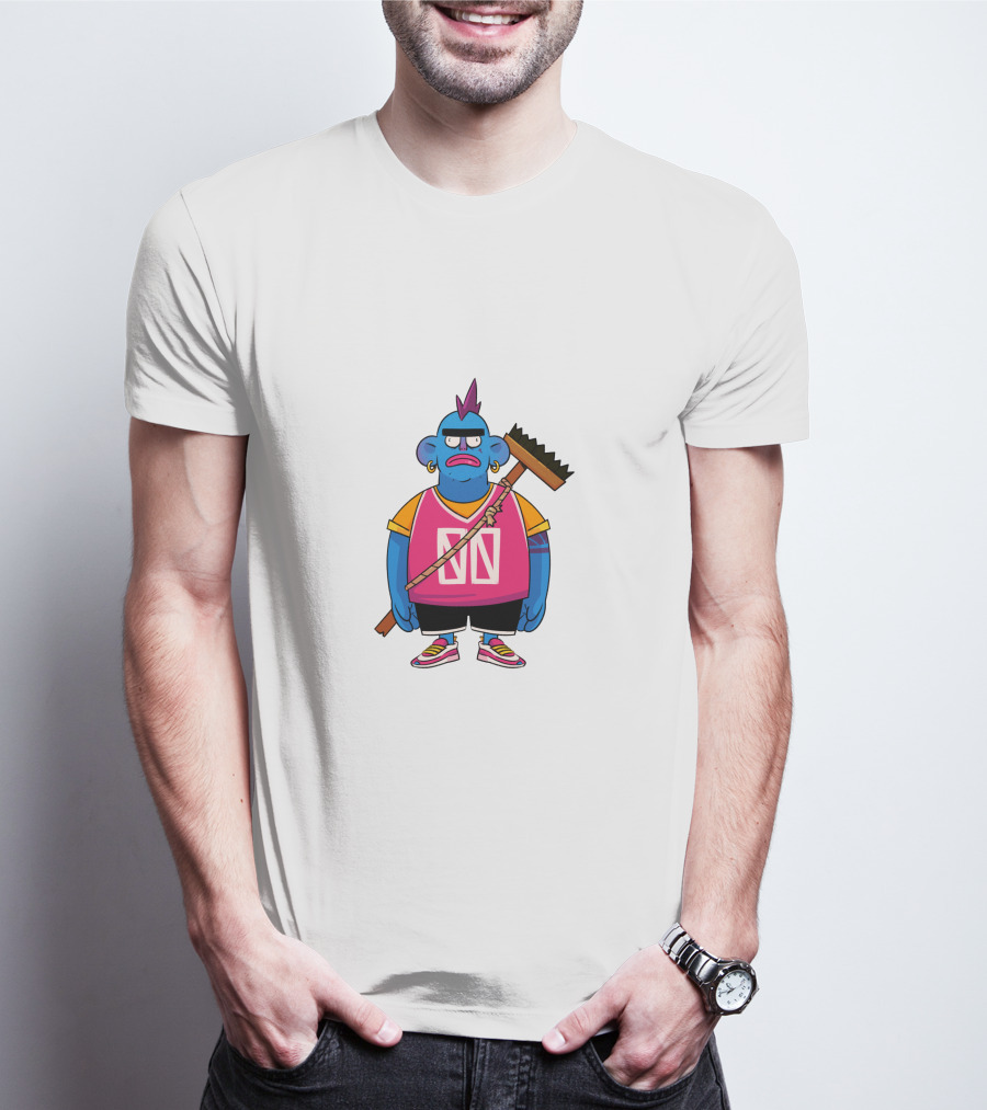 DA CREW Blue Cartoon Character With Broom And Purple Mohawk T-Shirt