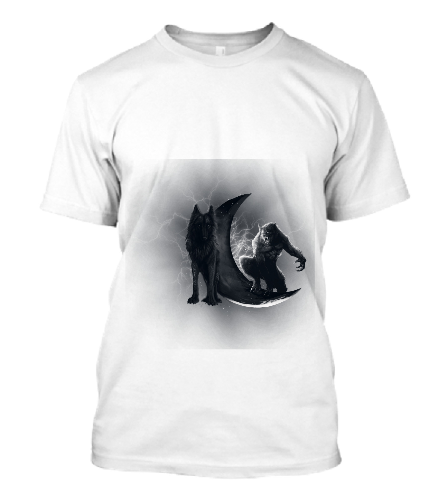 300219 Wolf And Werewolf On Crescent Moon With Lightning T-Shirt
