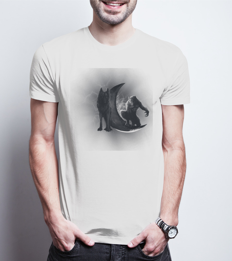 300219 Wolf And Werewolf On Crescent Moon With Lightning T-Shirt