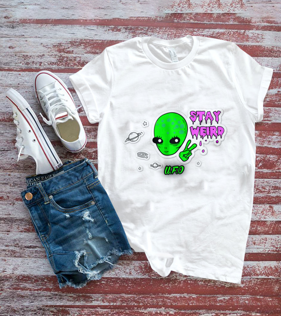 Stay Weird U.F.O. Alien Peace Sign Planet Stickers T-Shirt