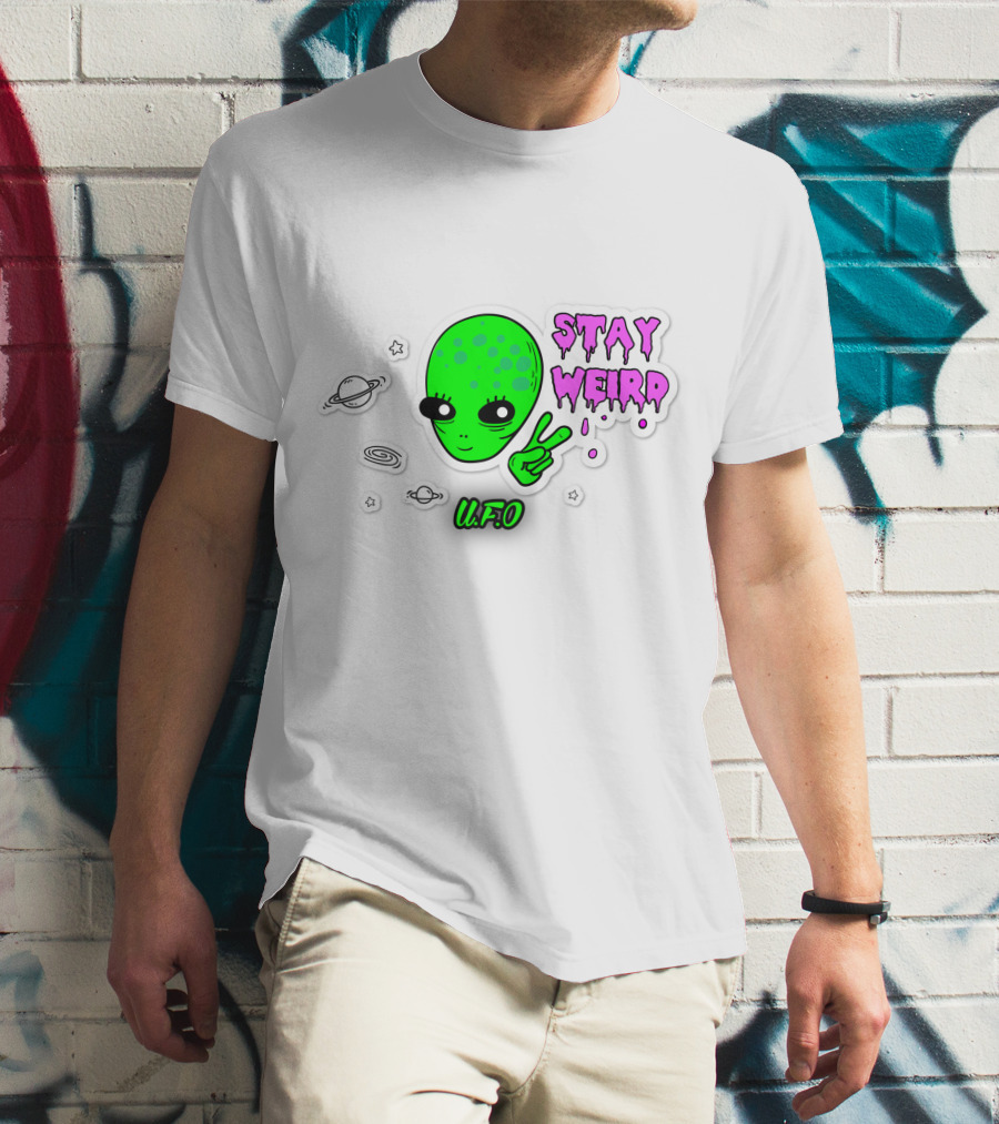 Stay Weird U.F.O. Alien Peace Sign Planet Stickers T-Shirt
