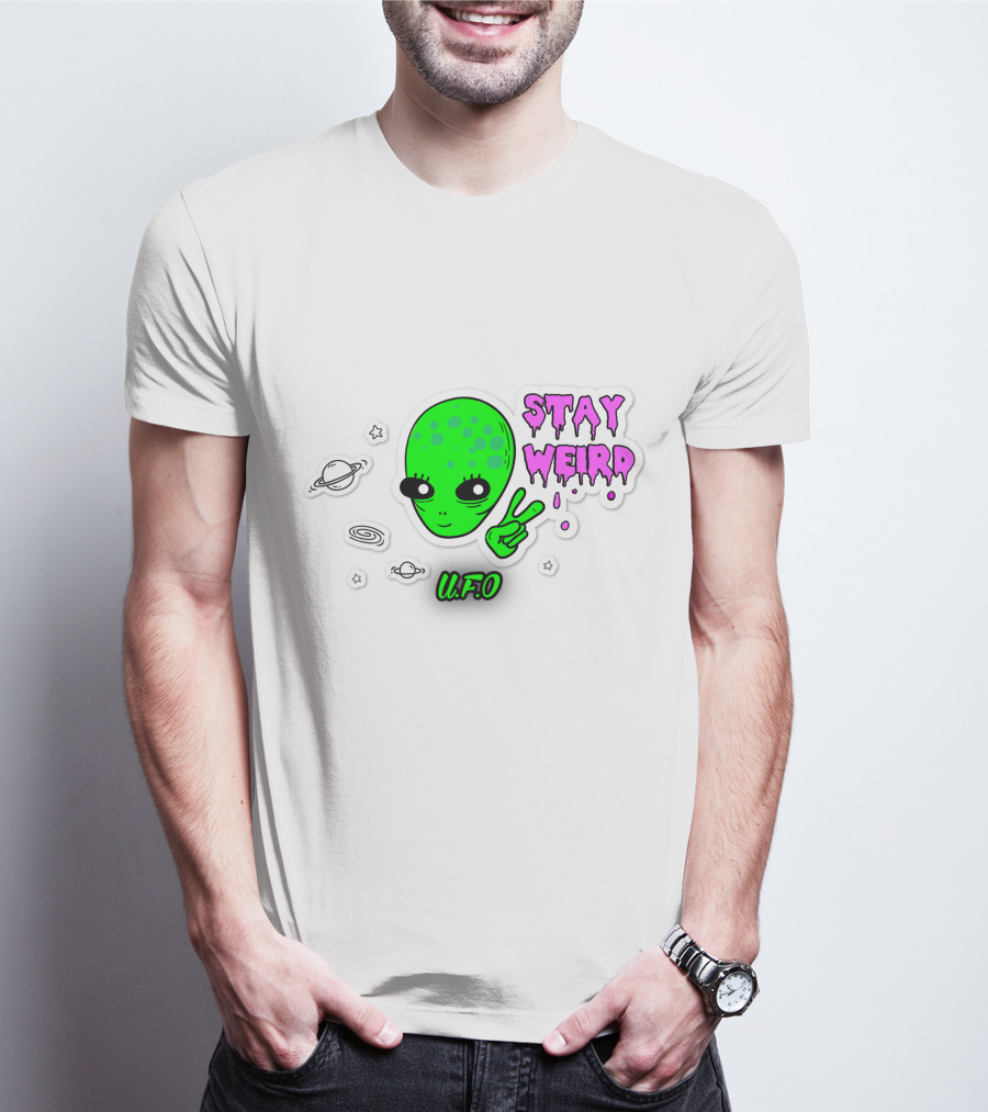 Stay Weird U.F.O. Alien Peace Sign Planet Stickers T-Shirt