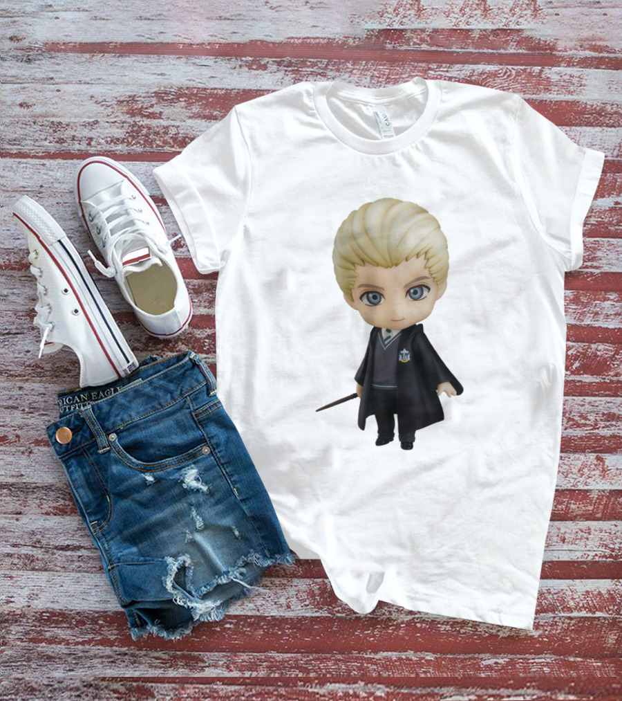 Draco Malfoy Chibi Character In Black Cloak Displaying Wand T-Shirt