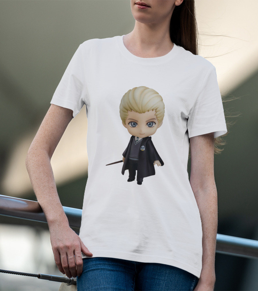 Draco Malfoy Chibi Character In Black Cloak Displaying Wand T-Shirt