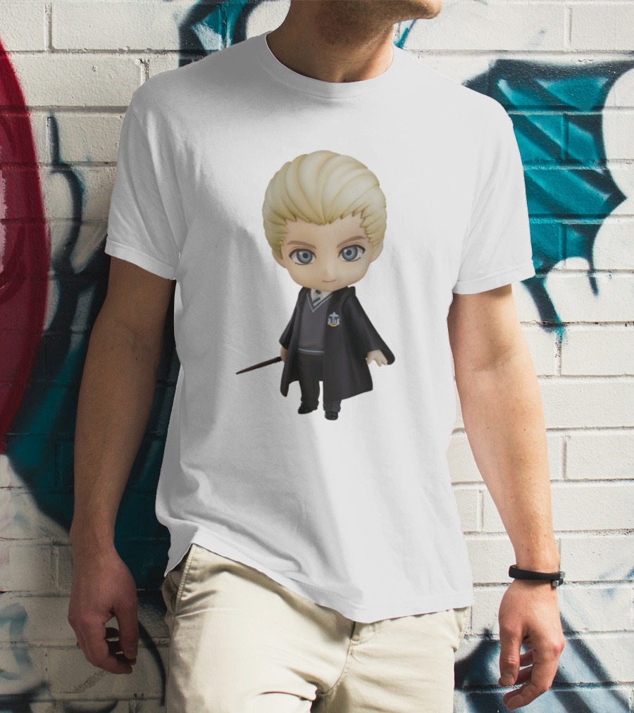 Draco Malfoy Chibi Character In Black Cloak Displaying Wand T-Shirt