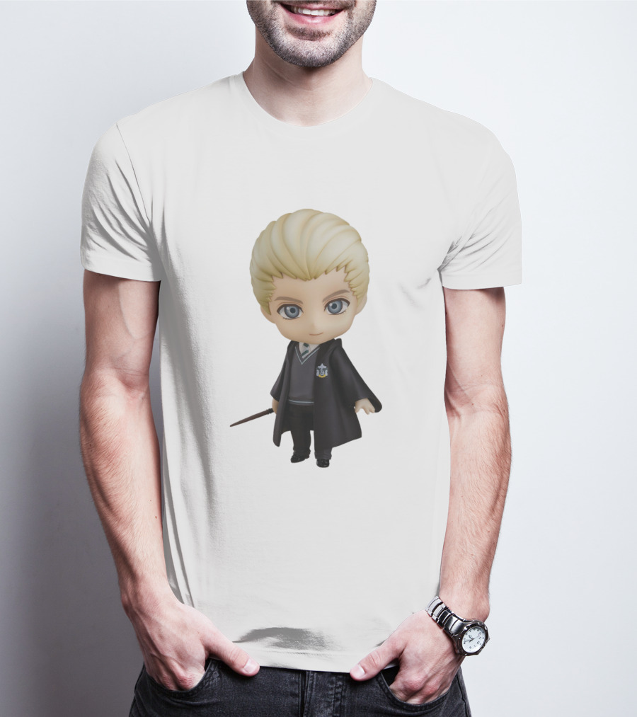 Draco Malfoy Chibi Character In Black Cloak Displaying Wand T-Shirt