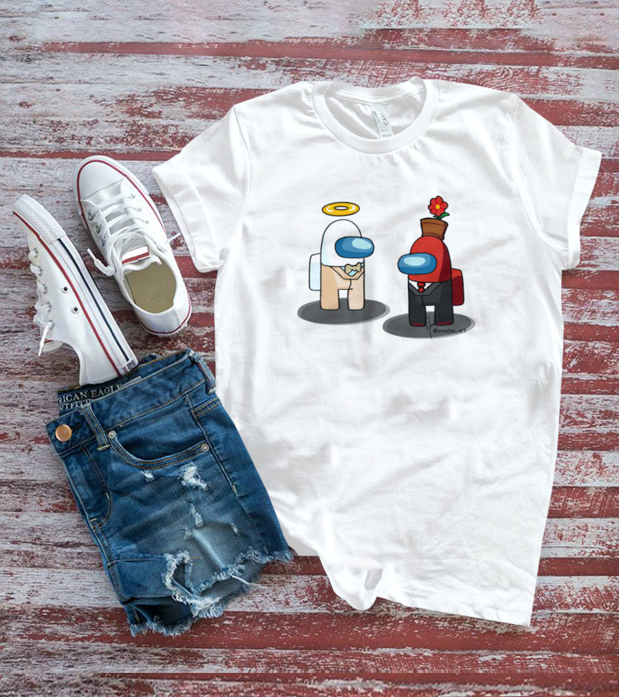 Among Us Ineffable Husbands Angel And Demon Characters In Suit And Bow Tie With Halo And Flowerpot Hat T-Shirt