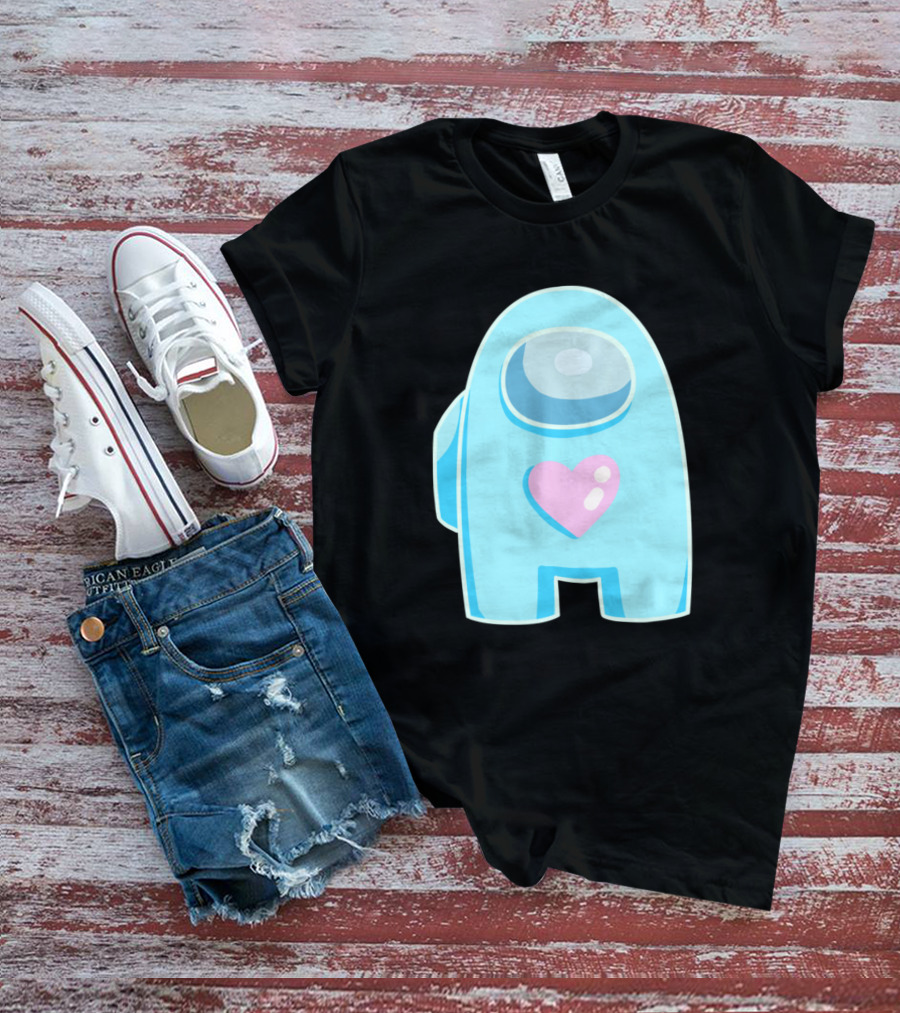 Blue Among Us Crewmate Pink Heart T-Shirt