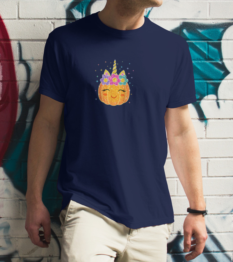 Cute Unicorn Pumpkin With Glittery Sparkling Flowers And Stars T-Shirt