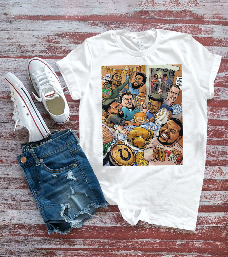 Indianapolis Colts Thanksgiving Feast Cartoon With NFL Players Celebrating T-Shirt