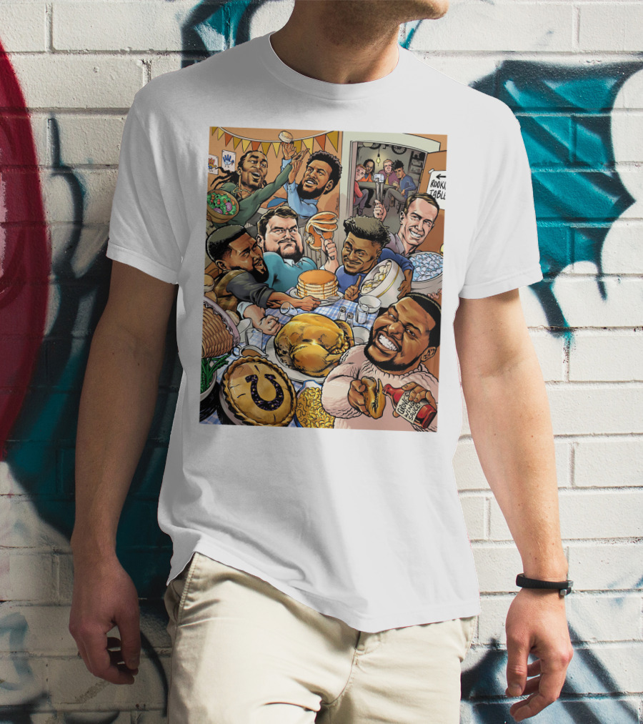 Indianapolis Colts Thanksgiving Feast Cartoon With NFL Players Celebrating T-Shirt