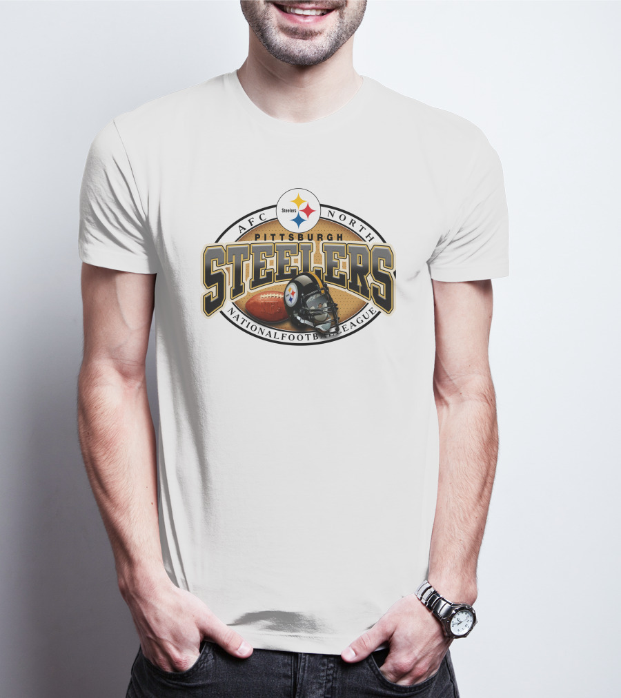 Pittsburgh Steelers AFC North National Football League Logo And Helmet With Football On Grey Background T-Shirt