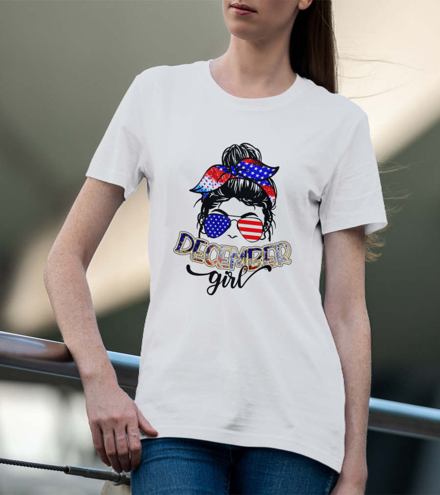 December Girl American Flag Bandana And Sunglasses T-Shirt