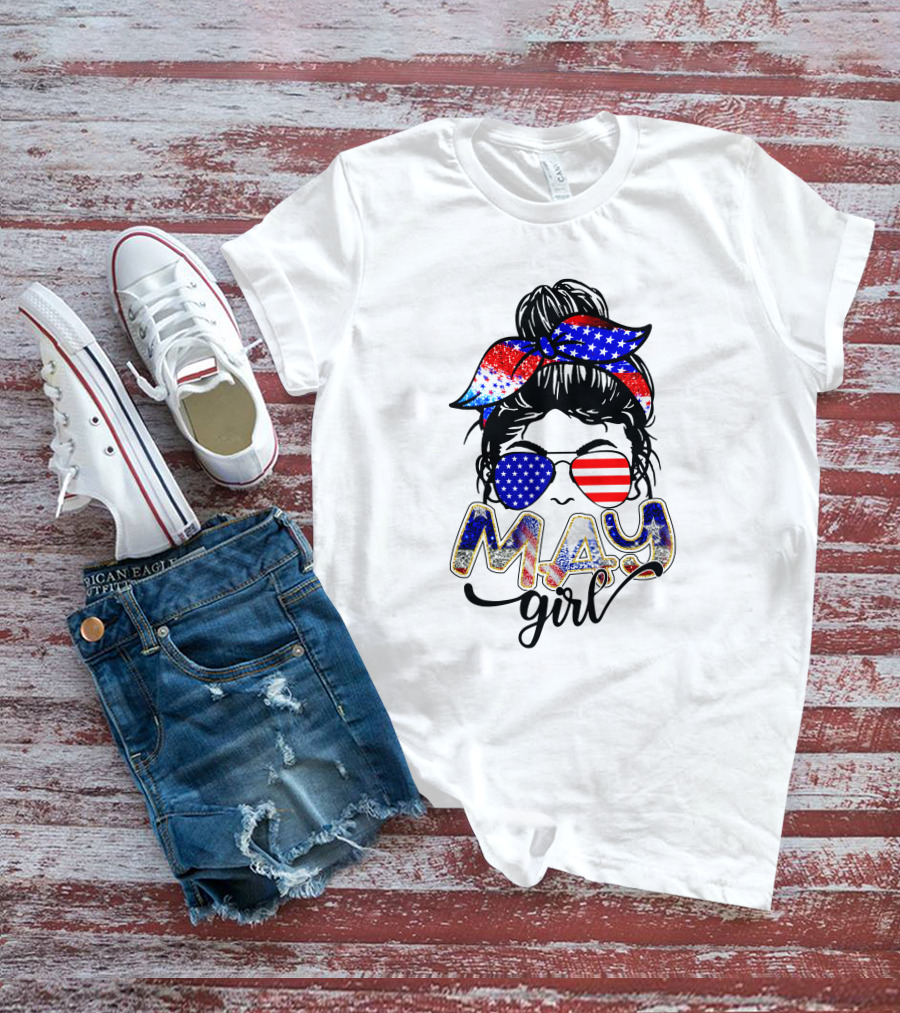 May Girl American Flag Sunglasses And Bandana T-Shirt