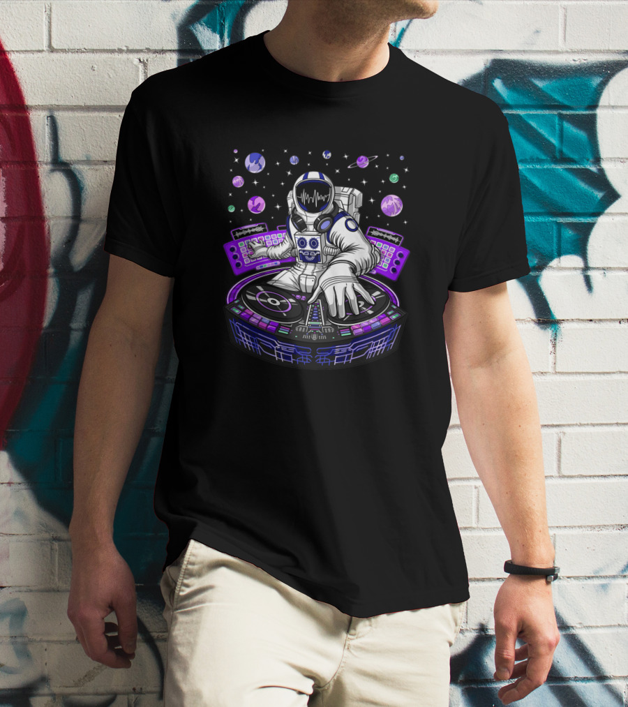 Astronaut DJ Mixing Beats With Planetary Backdrop 1382302 T-Shirt