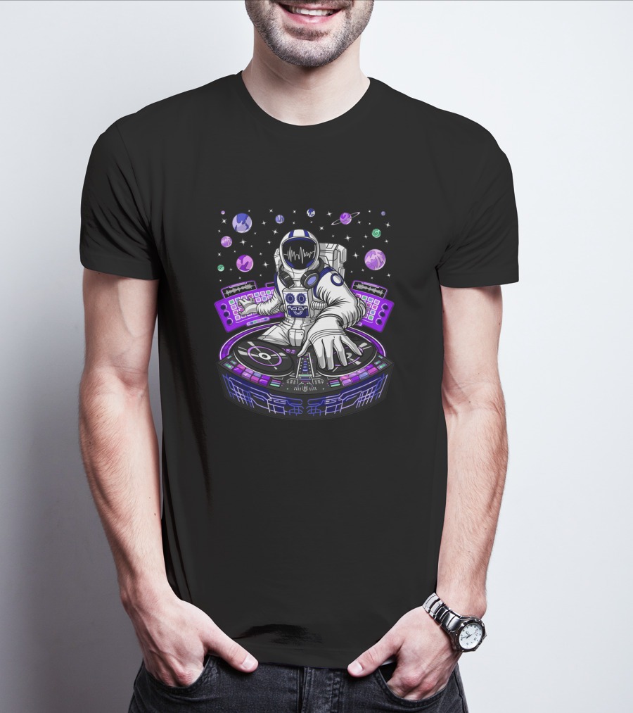 Astronaut DJ Mixing Beats With Planetary Backdrop 1382302 T-Shirt