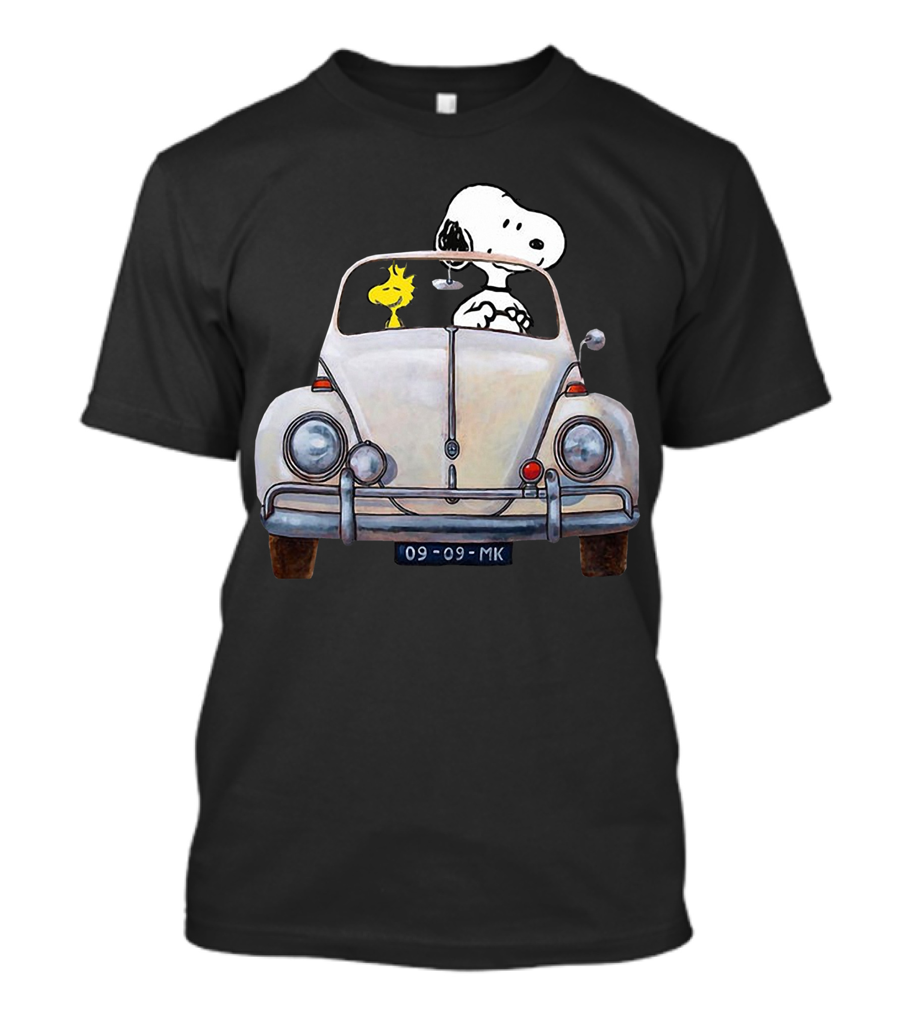 Snoopy And Woodstock Riding In Classic Volkswagen Beetle Car T-Shirt