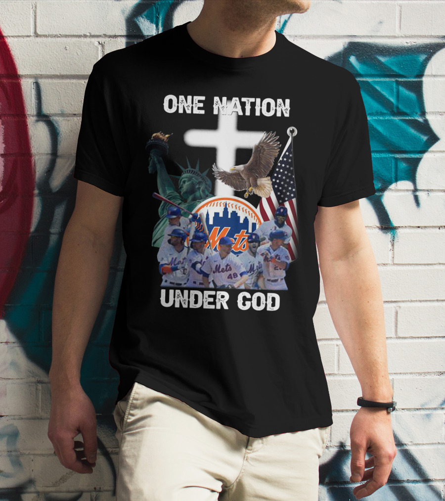 New York Mets One Nation Under God Liberty Eagle Flag Cross Baseball Players T-Shirt