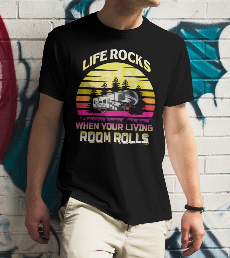 LIFE ROCKS WHEN YOUR LIVING ROOM ROLLS Heartland Torque 3 Sunset Camper Forest T-Shirt