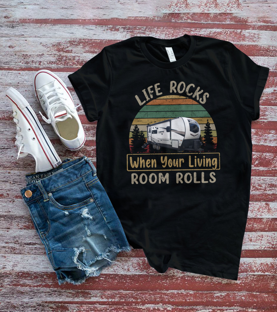 Life Rocks When Your Living Room Rolls Mini-Lite 2205s Camper Retro Stripes Pine Trees T-Shirt