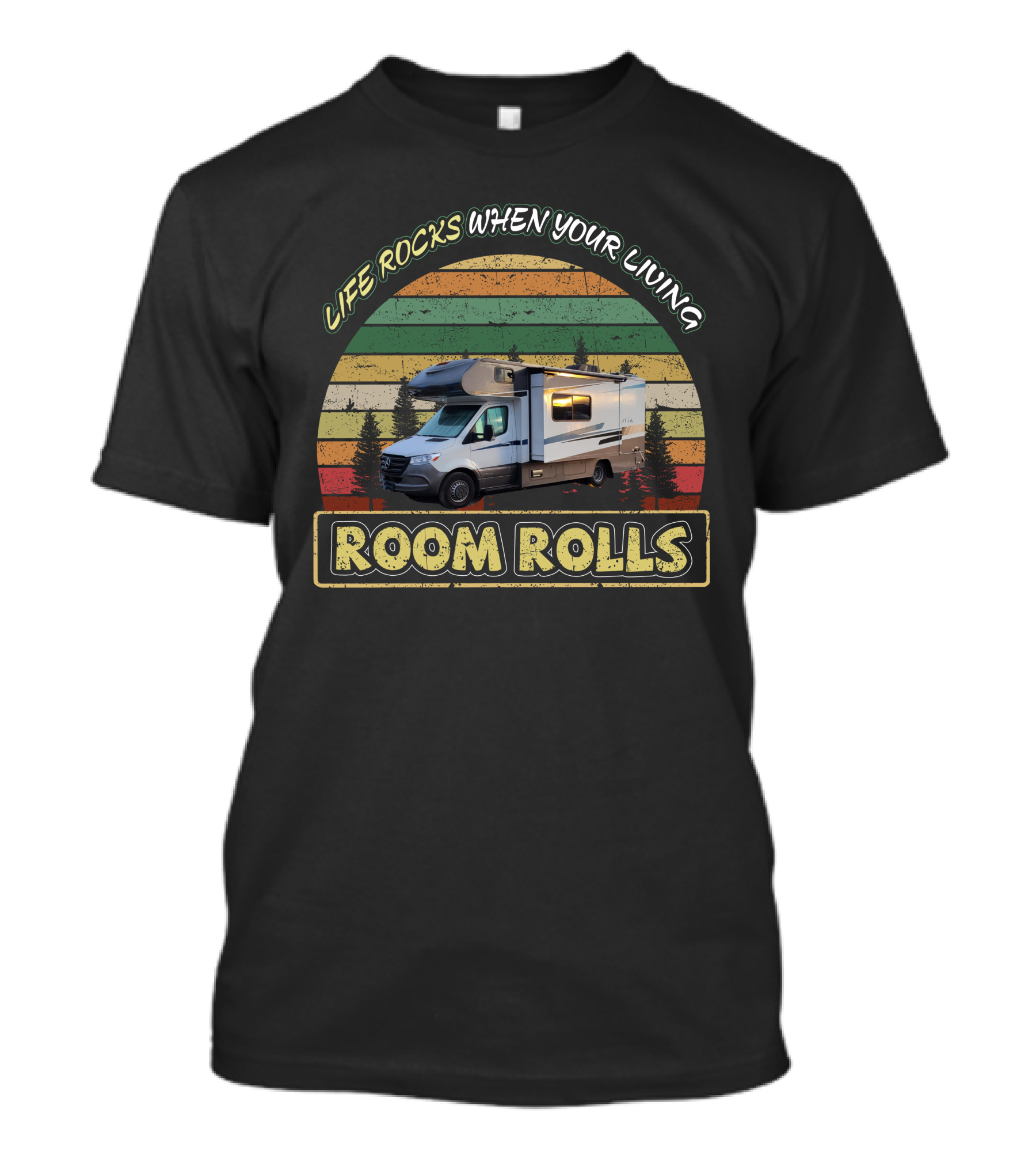 LIFE ROCKS WHEN YOUR LIVING ROOM ROLLS Winnebago Vita 24 Retro Camper Van Stripes T-Shirt