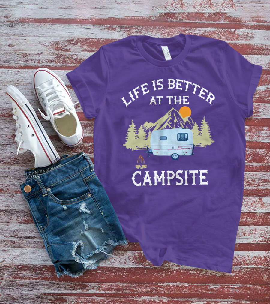 Life Is Better At The Campsite Scamp Small Travel Trailers Mountain Sunset T-Shirt