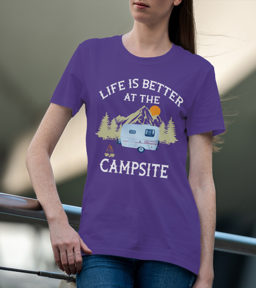 Life Is Better At The Campsite Scamp Small Travel Trailers Mountain Sunset T-Shirt