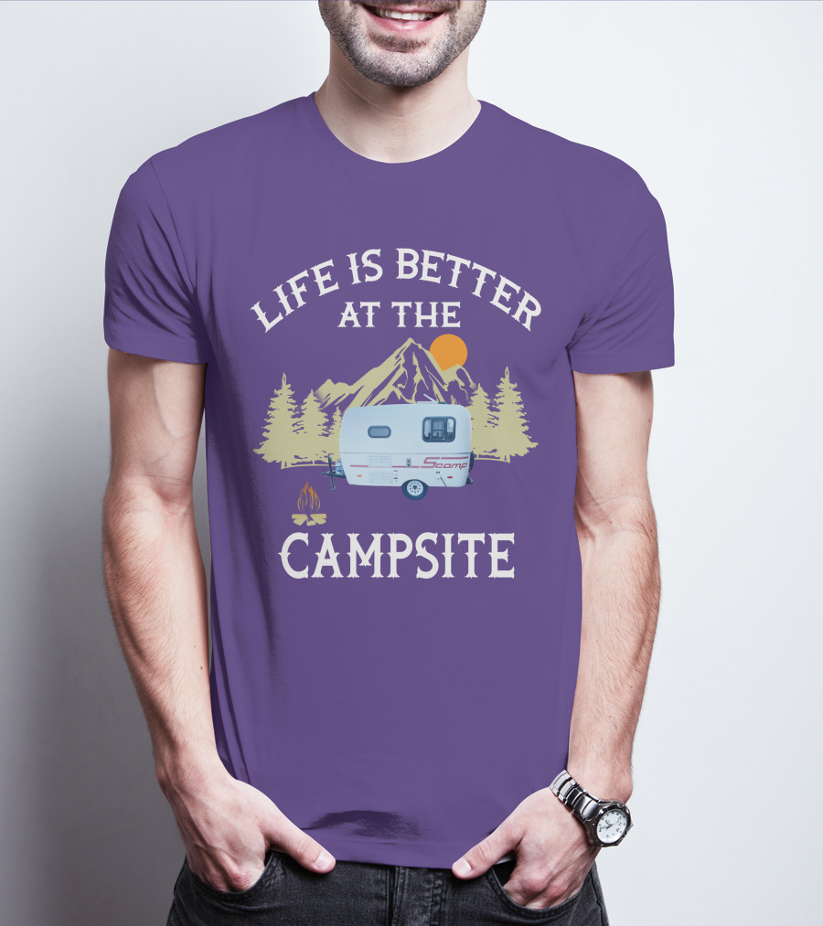 Life Is Better At The Campsite Scamp Small Travel Trailers Mountain Sunset T-Shirt
