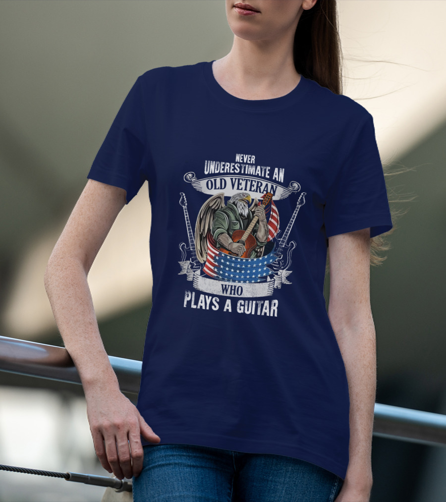 Never Underestimate An Old Veteran Who Plays A Guitar Eagle USA Flag T-Shirt