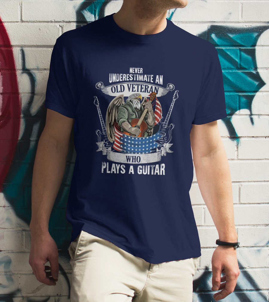 Never Underestimate An Old Veteran Who Plays A Guitar Eagle USA Flag T-Shirt