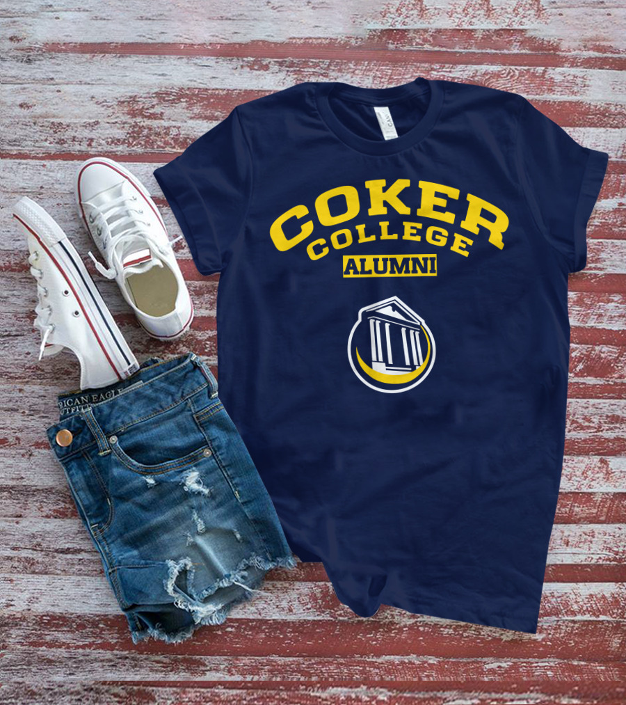 Coker College Alumni Yellow And Navy Blue Text With Greek Temple T-Shirt