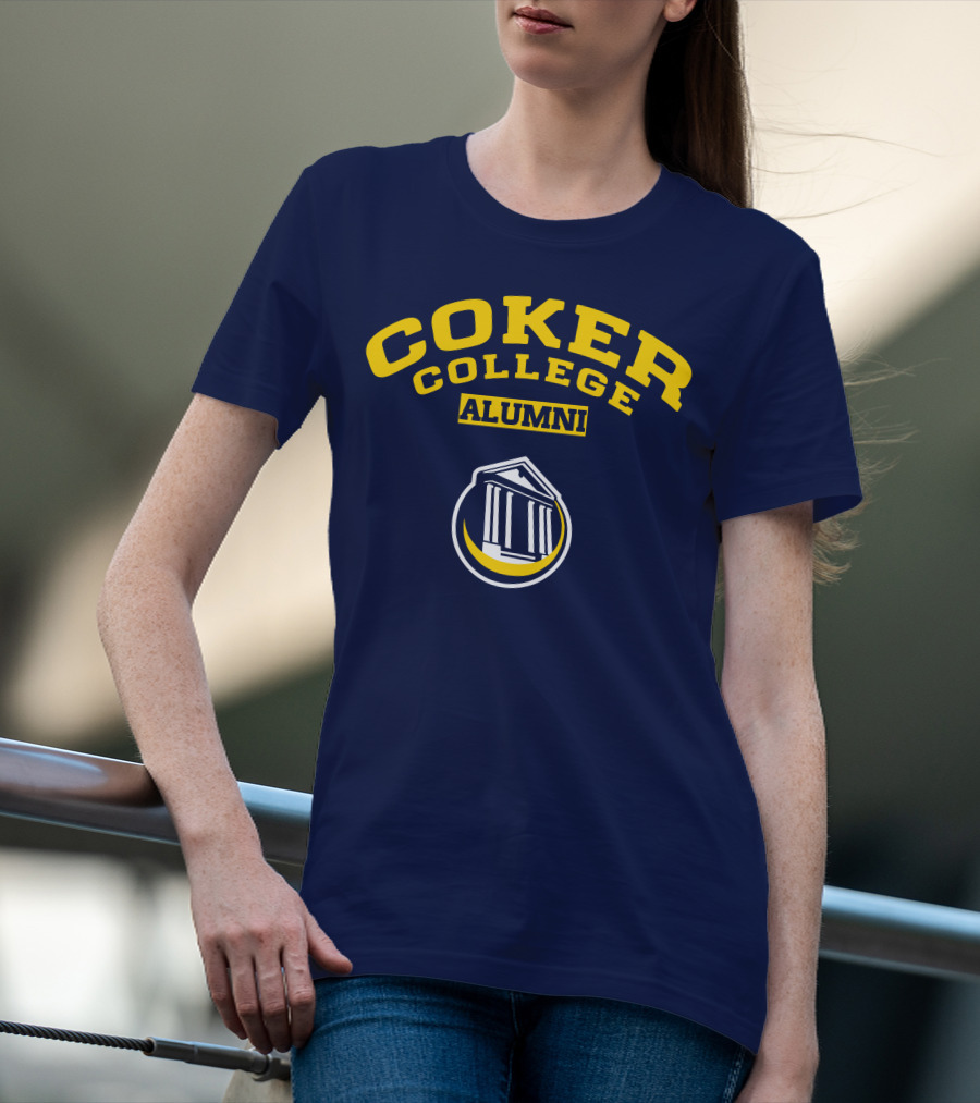 Coker College Alumni Yellow And Navy Blue Text With Greek Temple T-Shirt