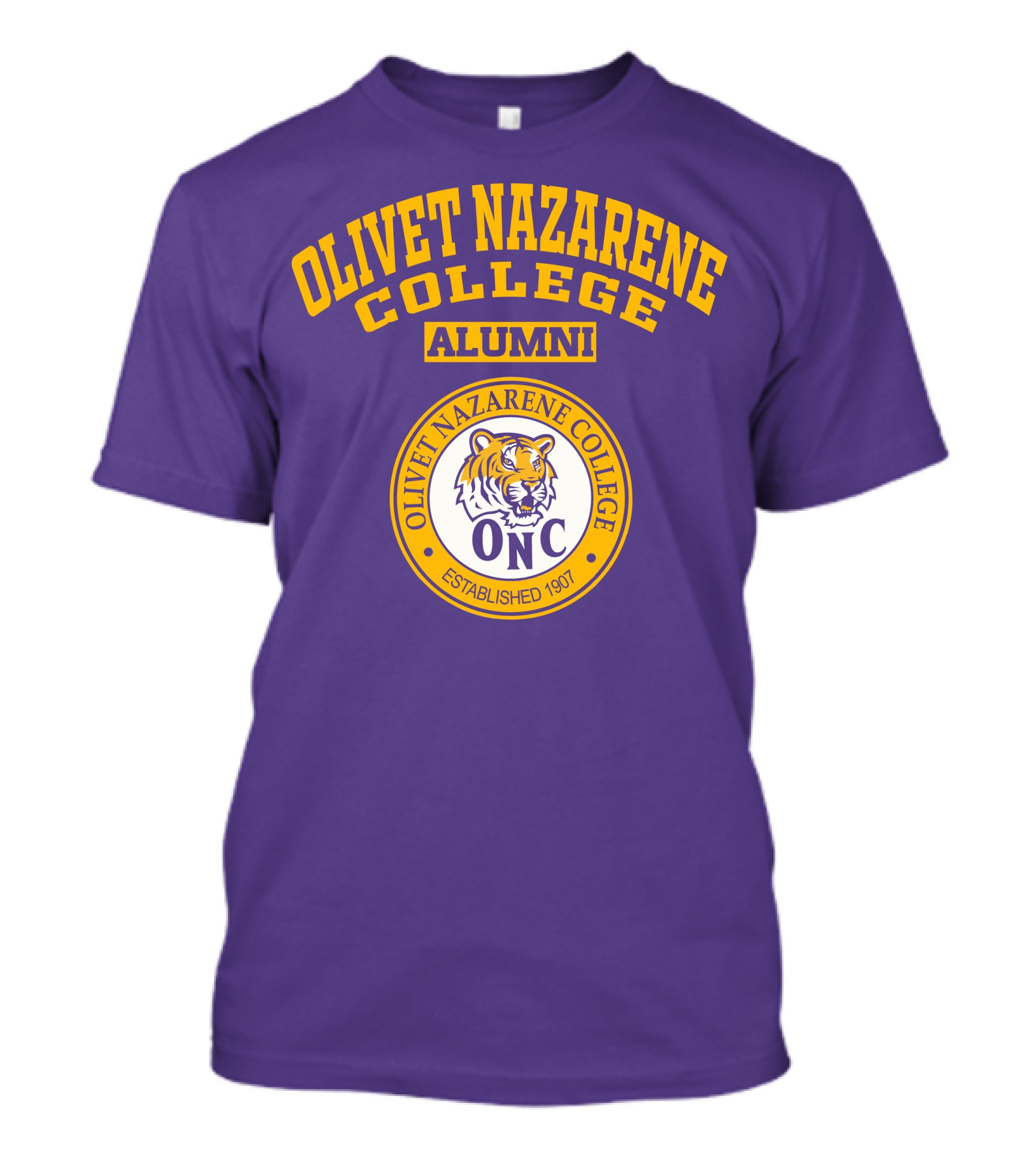 Olivet Nazarene College Alumni Tiger ONC Established 1907 Purple Yellow T-Shirt