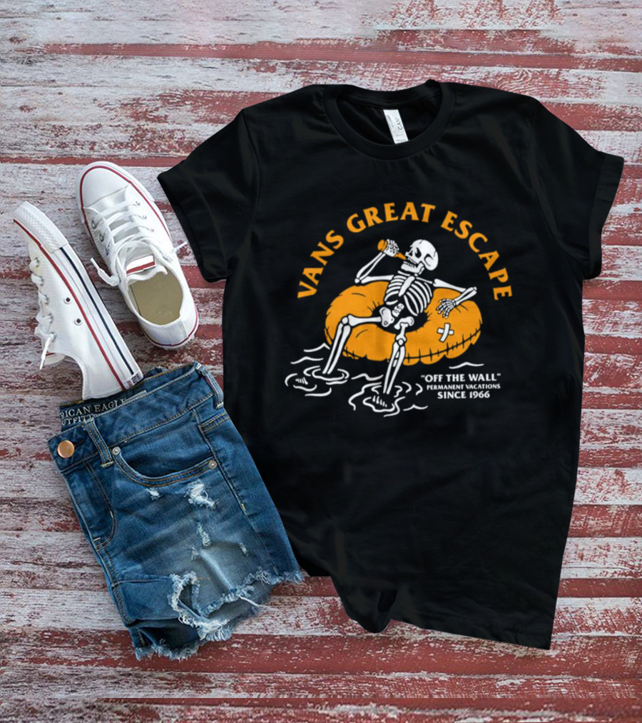 Vans Great Escape Off The Wall Permanent Vacations Since 1966 Skeleton On Inflatable Tube T-Shirt