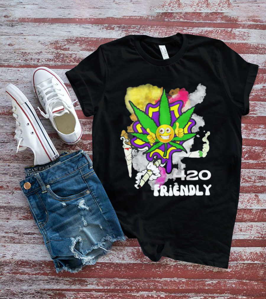 420 Friendly Happy Stoner Leaf With Smiley Face And Colorful Smoke T-Shirt