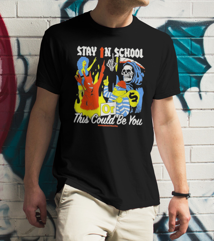 Stay In School Or This Could Be You Red Devil Skeleton Bart Simpson Style Mark Gonzales X Deaton Chris Anthony T-Shirt