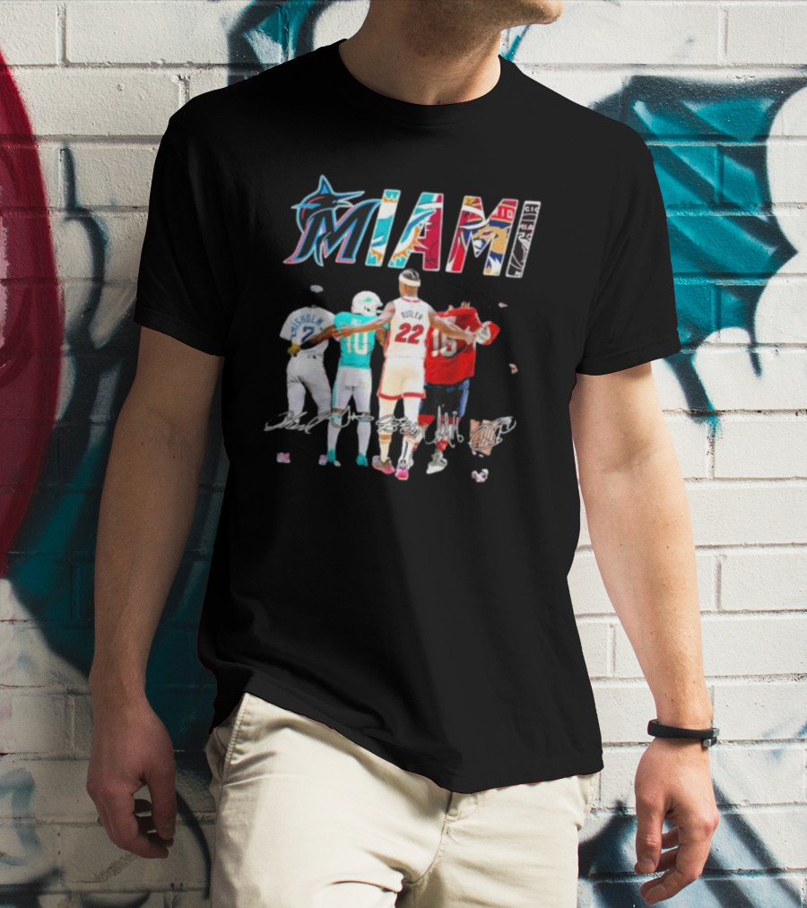 Miami Marlins Dolphins Heat Panthers Players Signatures T-Shirt