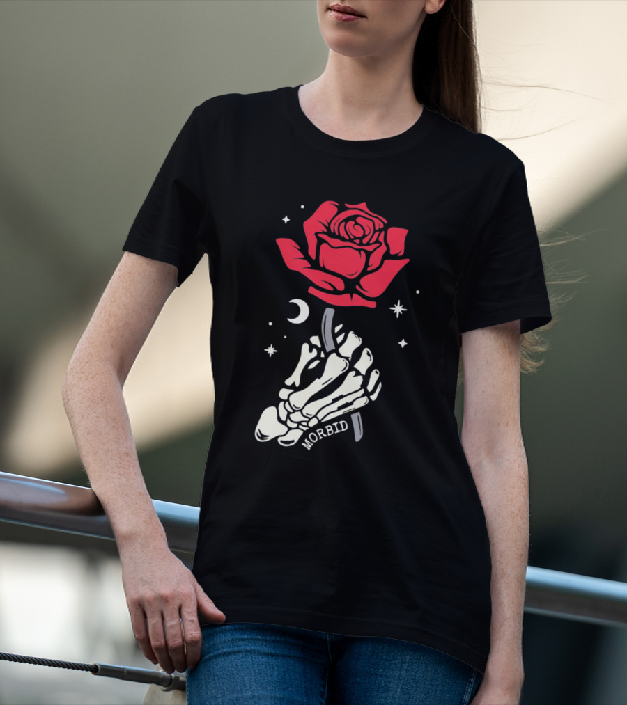 Morbid Skeleton Rose With Crescent Moon And Stars T-Shirt