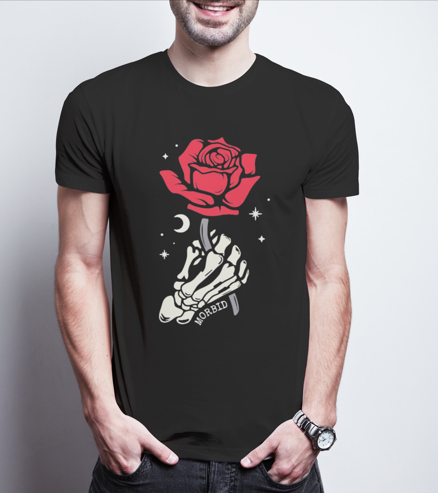 Morbid Skeleton Rose With Crescent Moon And Stars T-Shirt