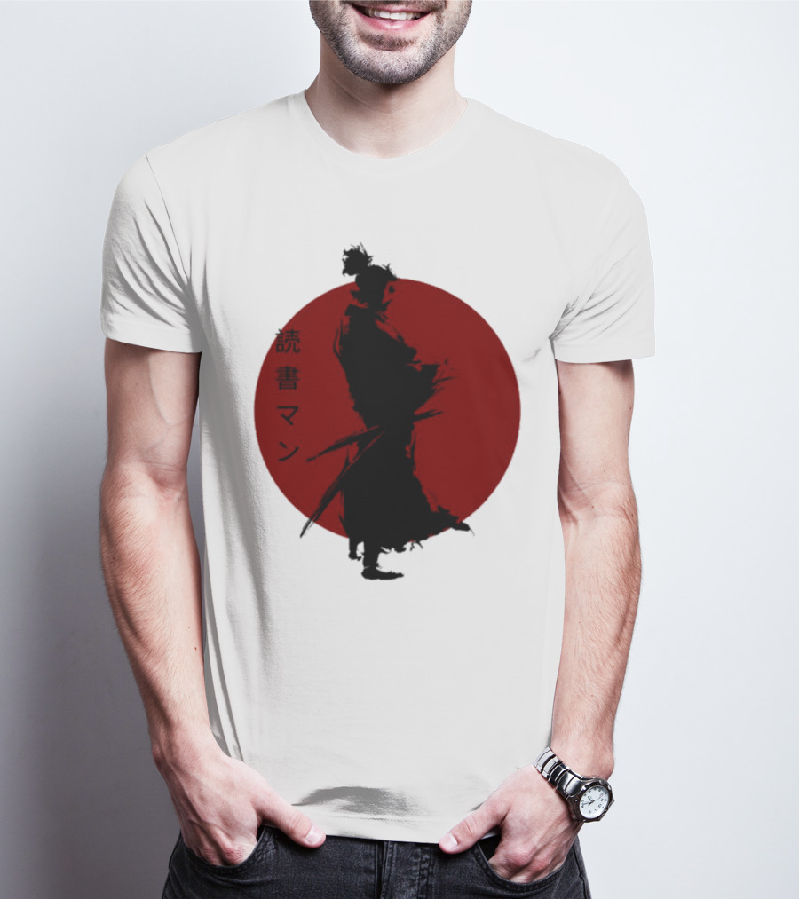 Miyamoto Musashi Samurai Silhouette Red Sun Kanji Reading Man T-Shirt