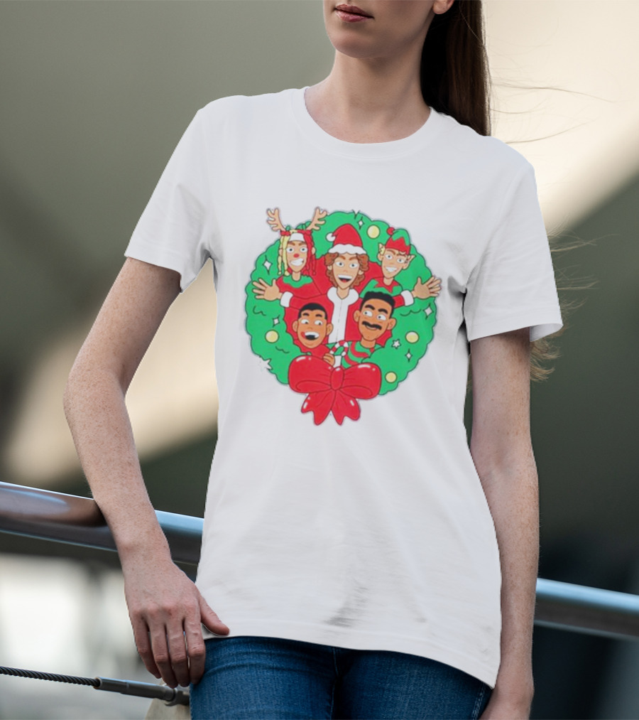 Baylen Levine Christmas Cartoon Characters In Holiday Wreath With Bow And Santa Hat T-Shirt