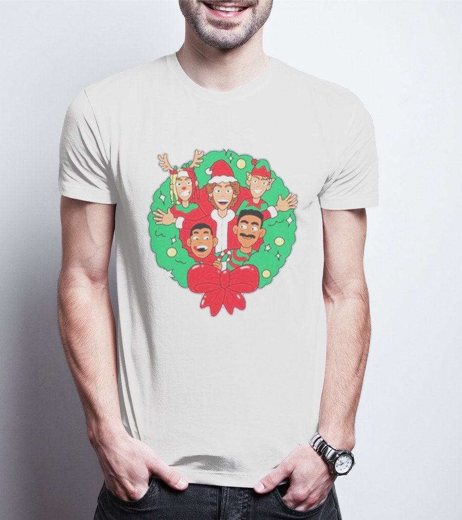 Baylen Levine Christmas Cartoon Characters In Holiday Wreath With Bow And Santa Hat T-Shirt