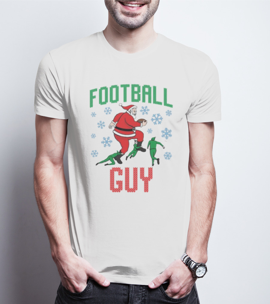 FOOTBALL GUY Santa Running With Football And Snowflakes T-Shirt