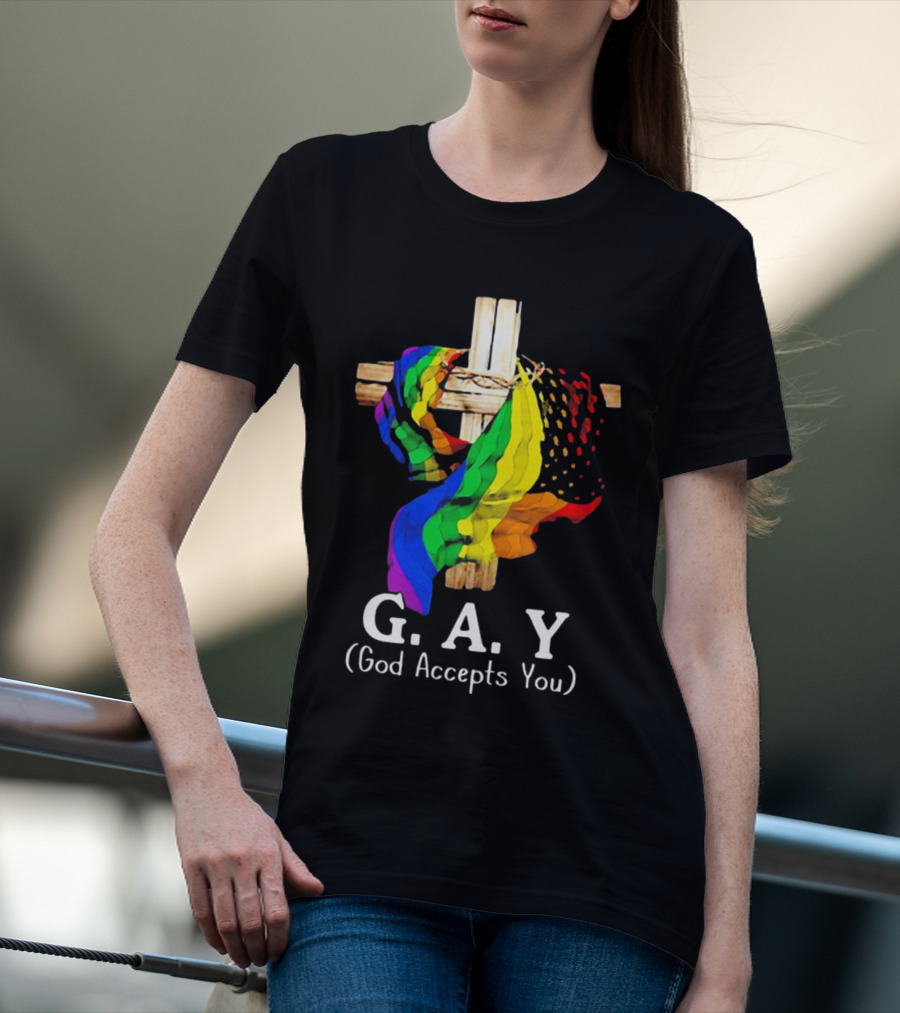 GAY Pride Cross God Accepts You Rainbow Flag T-Shirt