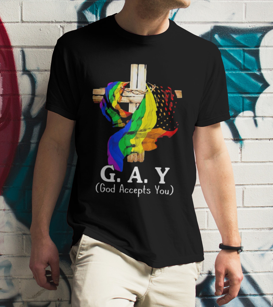 GAY Pride Cross God Accepts You Rainbow Flag T-Shirt