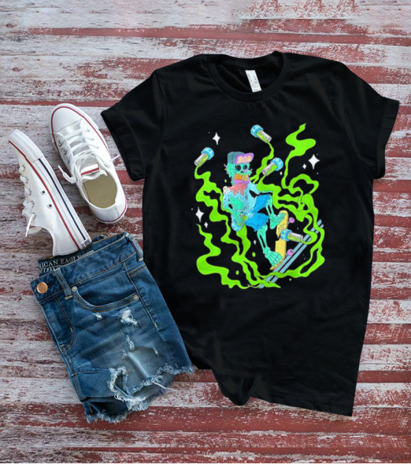 Toxic Skulls Club Bobburnquist Skateboarding Skeleton With Green Smoke And Skateboard T-Shirt