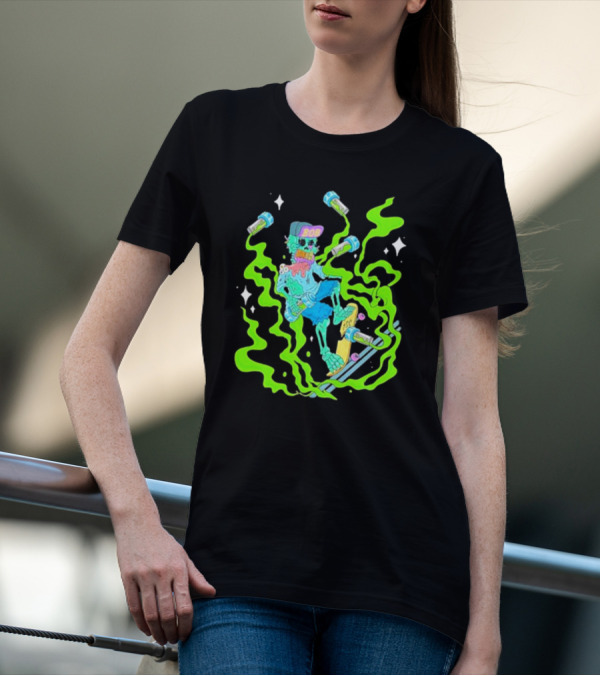 Toxic Skulls Club Bobburnquist Skateboarding Skeleton With Green Smoke And Skateboard T-Shirt